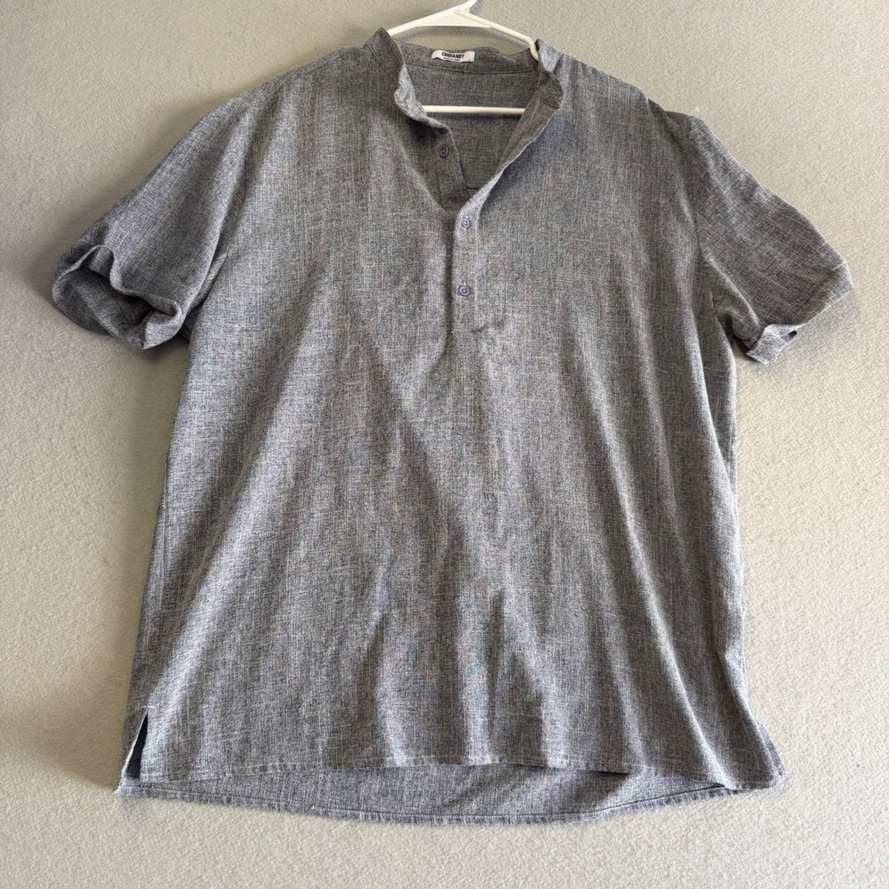 Coofandy Mens Gray Short Sleeve Henley Shirt Mandarin Collar Size L